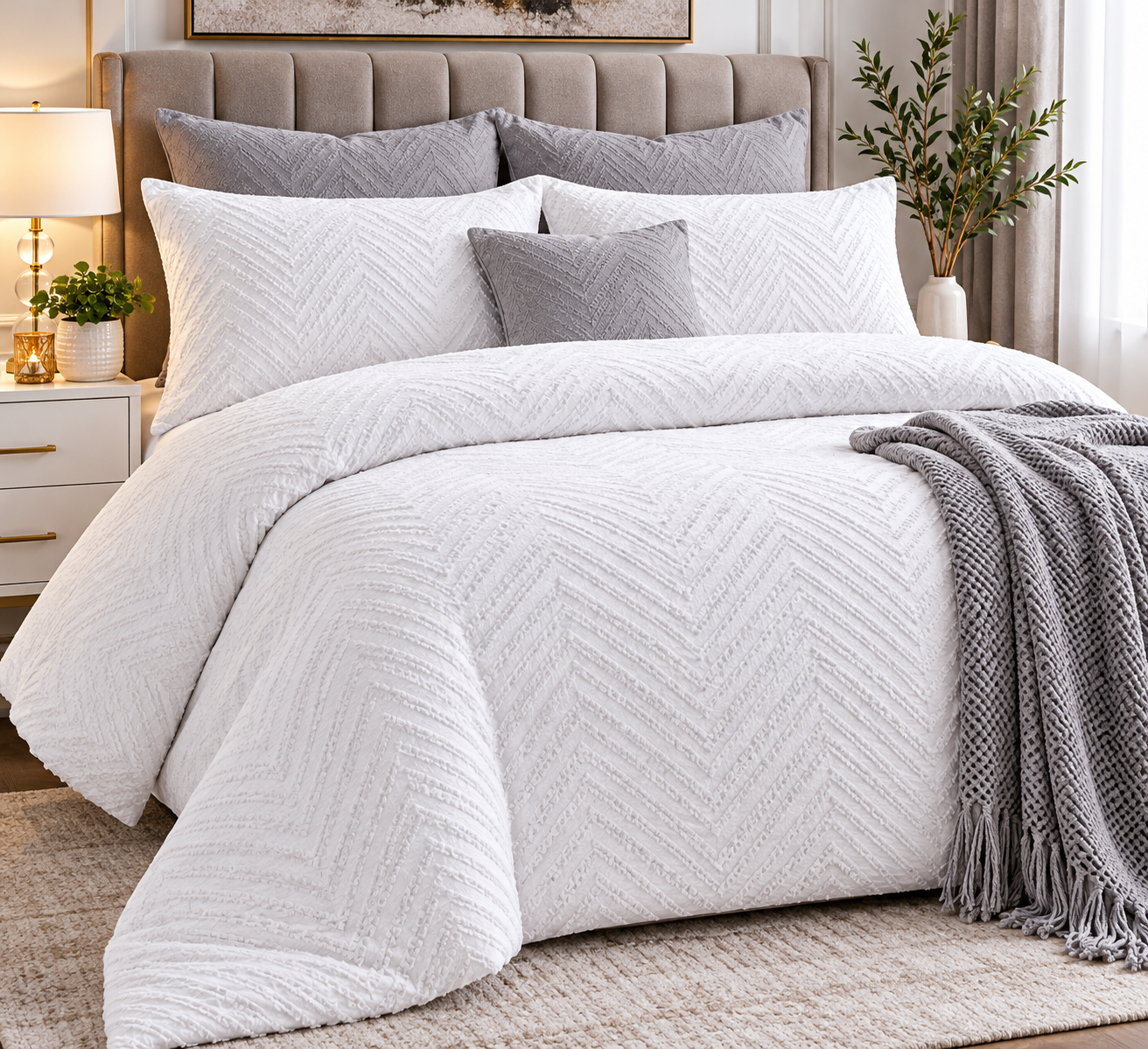 Pierre Cardin Le Intro Textured Waffle Chevron Duvet Cover Set – White