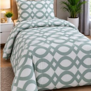 TELA MILANO Microfibre Duvet Cover Set – Greenish Grey & White Geometric