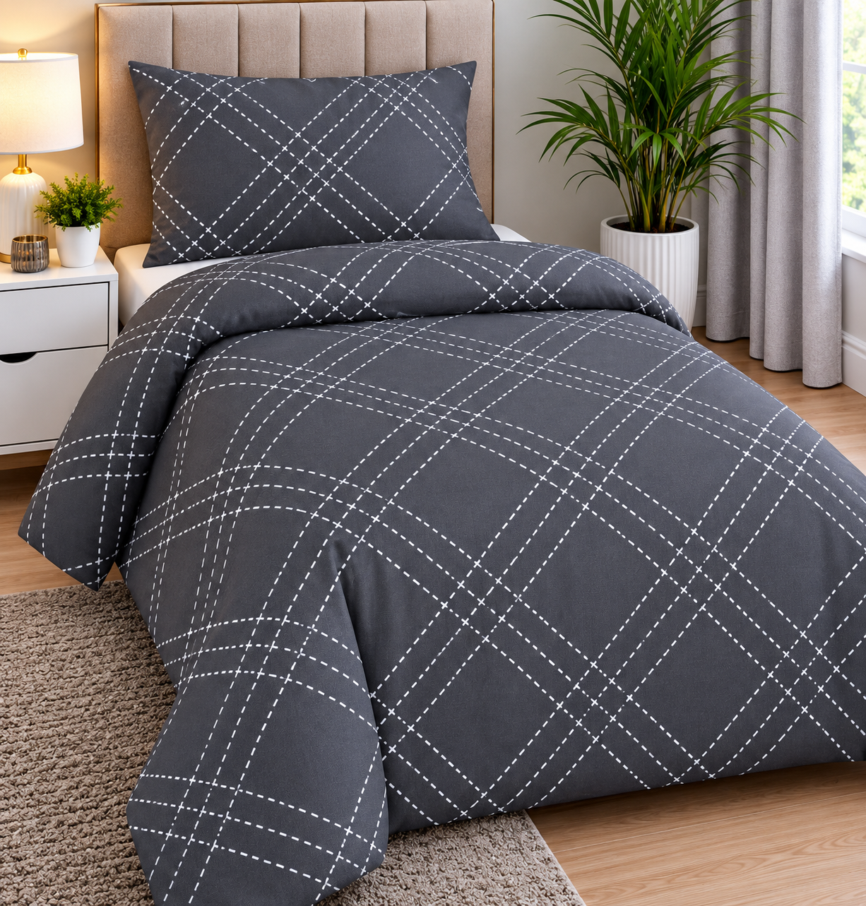 URBAN Lifestyle Microfibre Duvet Cover Set – Charcoal Grey & White Geometric