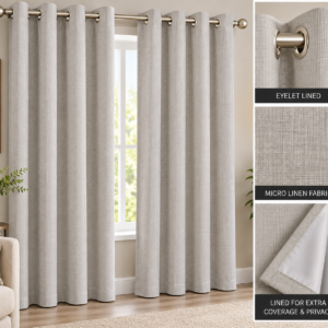 Pierre Cardin Micro Linen Eyelet Lined Curtain – Light Grey / Stone | 260 × 225 cm