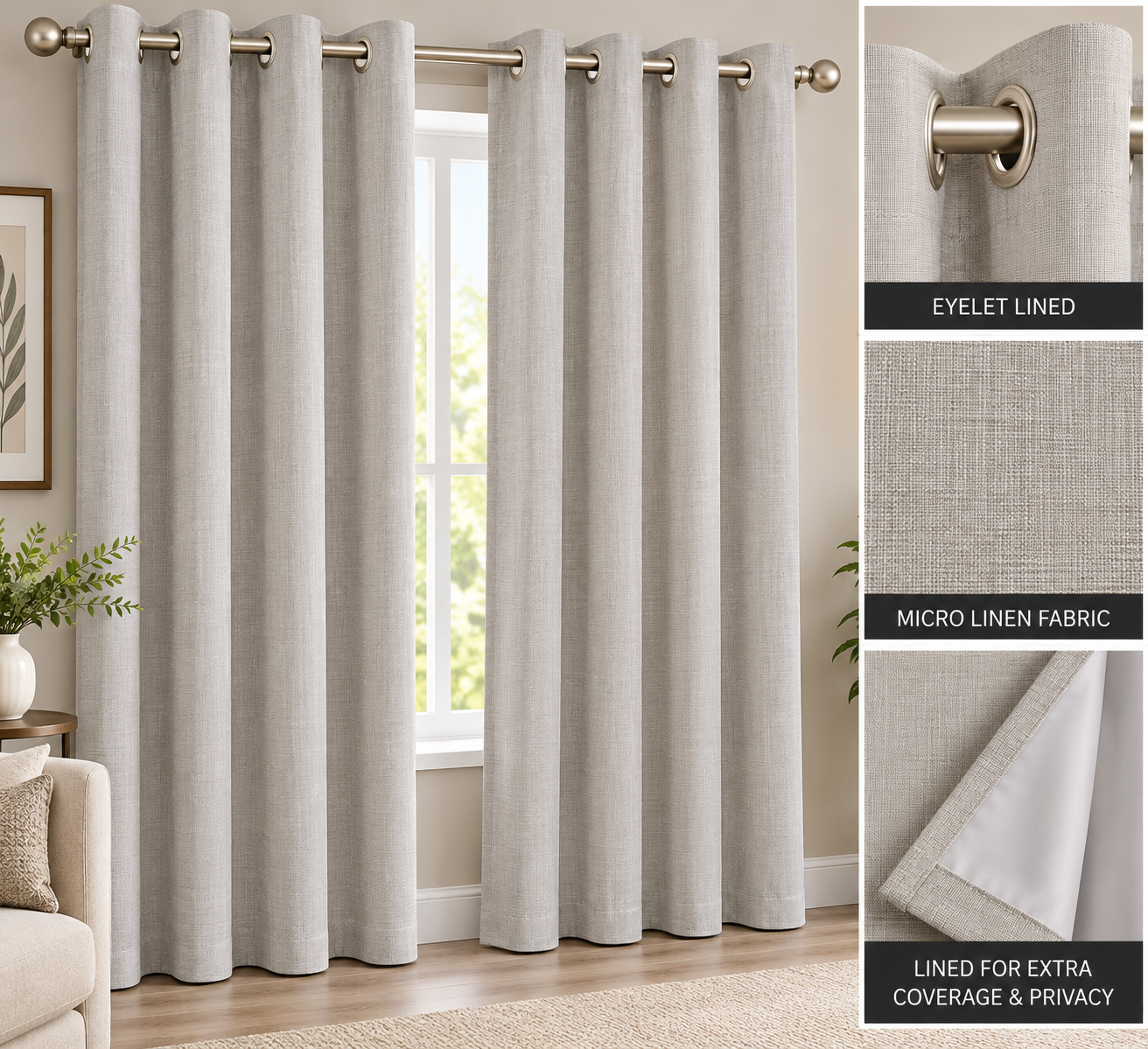 Pierre Cardin Micro Linen Eyelet Lined Curtain – Light Grey / Stone | 260 × 225 cm