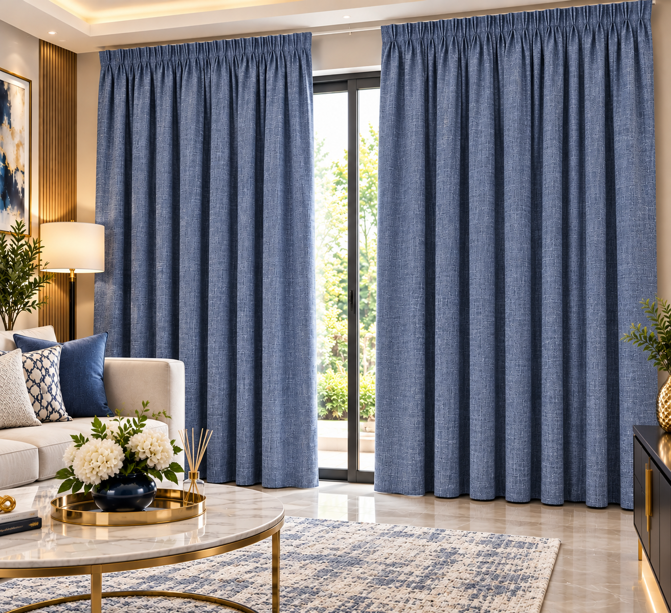 Pierre Cardin Micro Linen Eyelet Lined Curtain – Denim Navy Blue | 260 × 225 cm