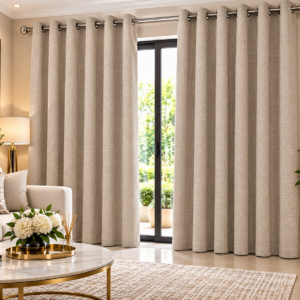 Pierre Cardin Micro Linen Eyelet Lined Curtain – Beige / Taupe | 260 × 225 cm