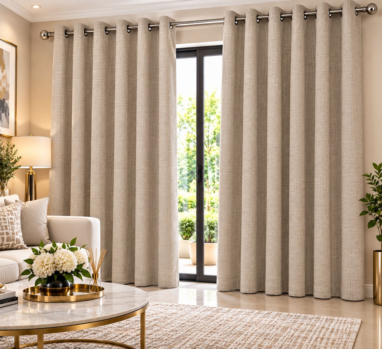 Pierre Cardin Micro Linen Eyelet Lined Curtain – Beige / Taupe | 260 × 225 cm