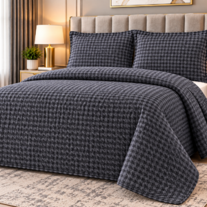 Pierre Cardin Houndstooth Quilt Set – Charcoal Grey & Black | 240 × 240 cm | Queen & King