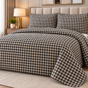 Pierre Cardin Houndstooth Quilt Set – Black & Cream | 240 × 240 cm | Queen & King