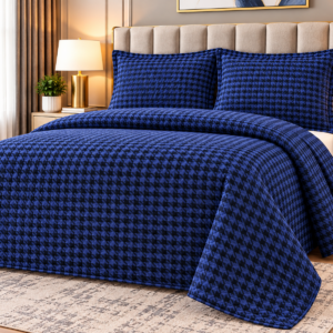 Pierre Cardin Houndstooth Quilt Set – Navy Blue & Black | 240 × 240 cm | Queen & King