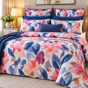 Pierre Cardin Lea Floral 5-Piece Scalloped Quilt Set – Pink, Blue & Purple | 230 × 260 cm