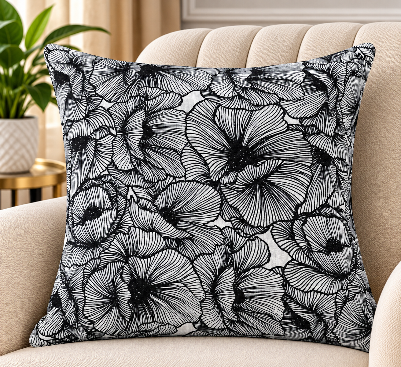 Elegant Black & White Floral Scatter Cushion
