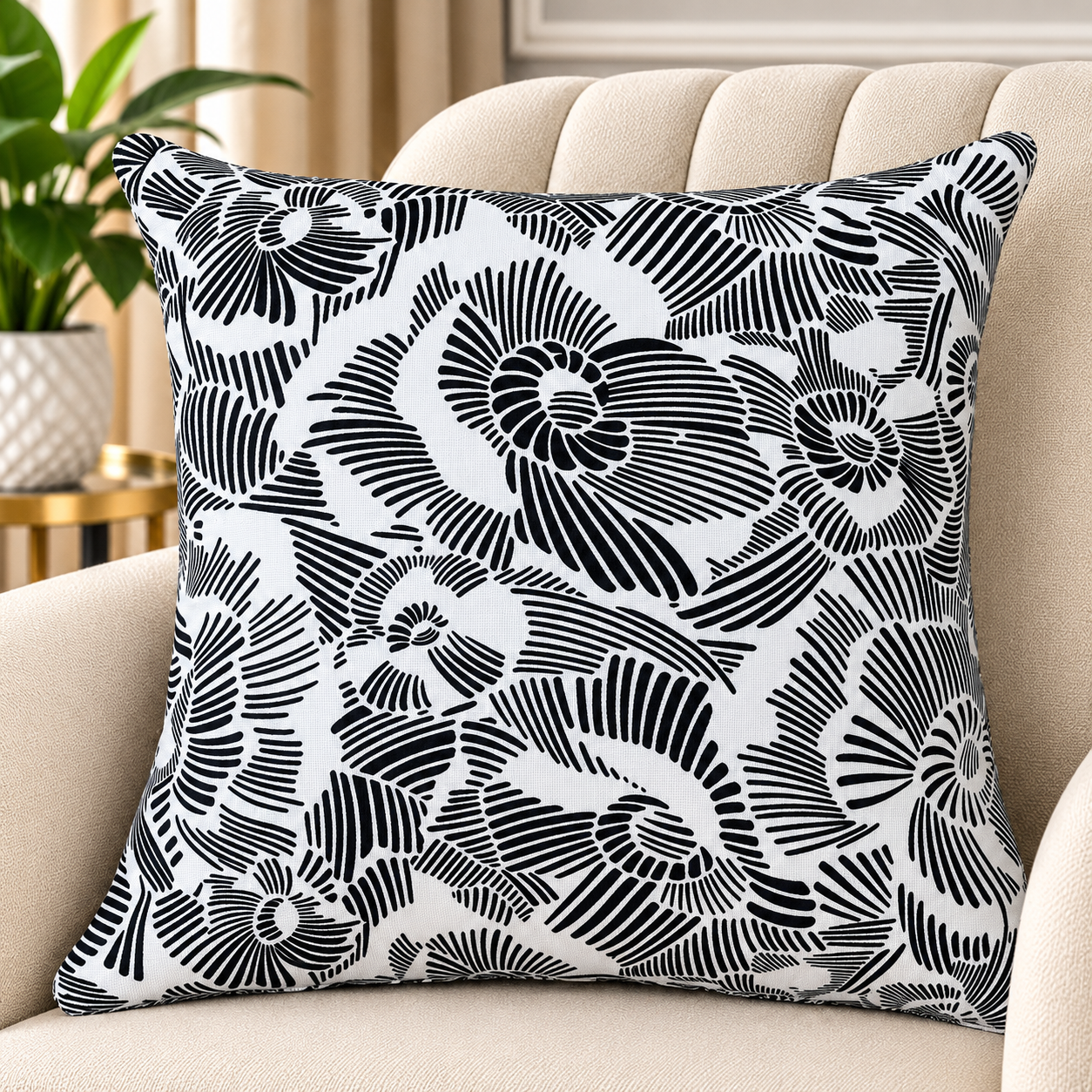 Modern Abstract Floral Scatter Cushion – Black & White