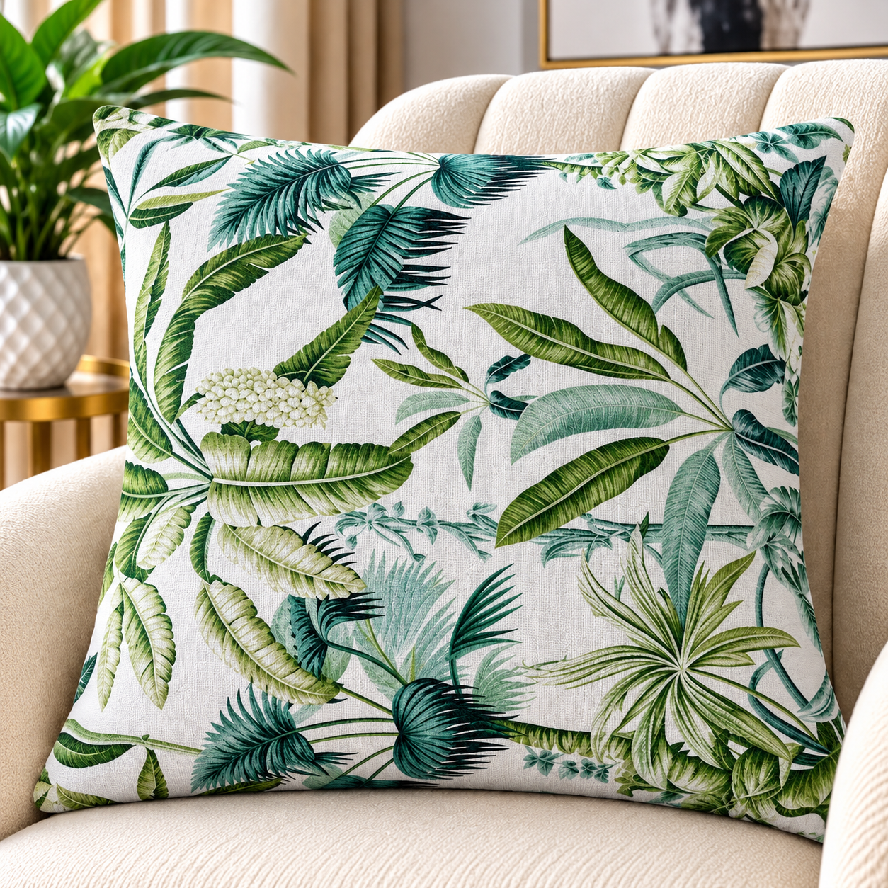 Elegant Tropical Botanical Scatter Cushion – Green & Cream