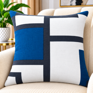 Modern Geometric Scatter Cushion – Blue, Charcoal Grey & White