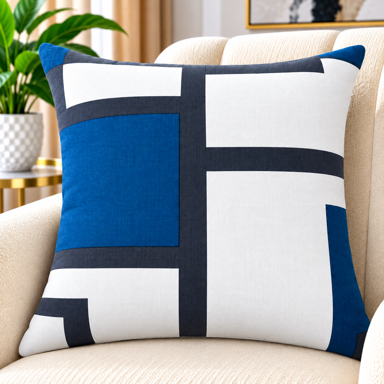 Modern Geometric Scatter Cushion – Blue, Charcoal Grey & White
