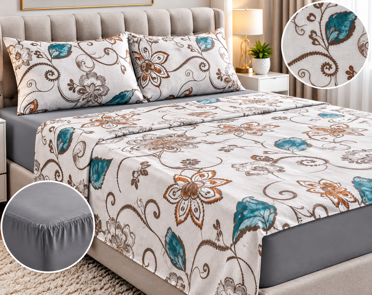 Casa Collection Winter Sheet Set – Cream Floral & Grey