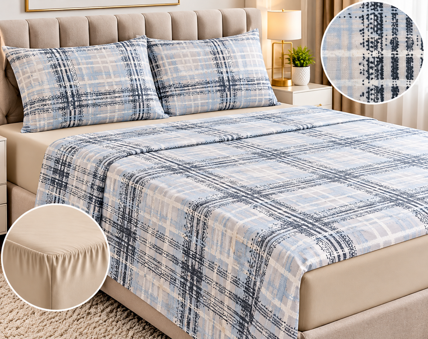 Casa Collection Winter Sheet Set – Blue & Beige Checkered