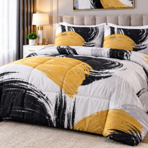 Pierre Cardin Soft & Lofty Comforter Set – Rai Brushstrokes- Black, White, Grey & Mustard
