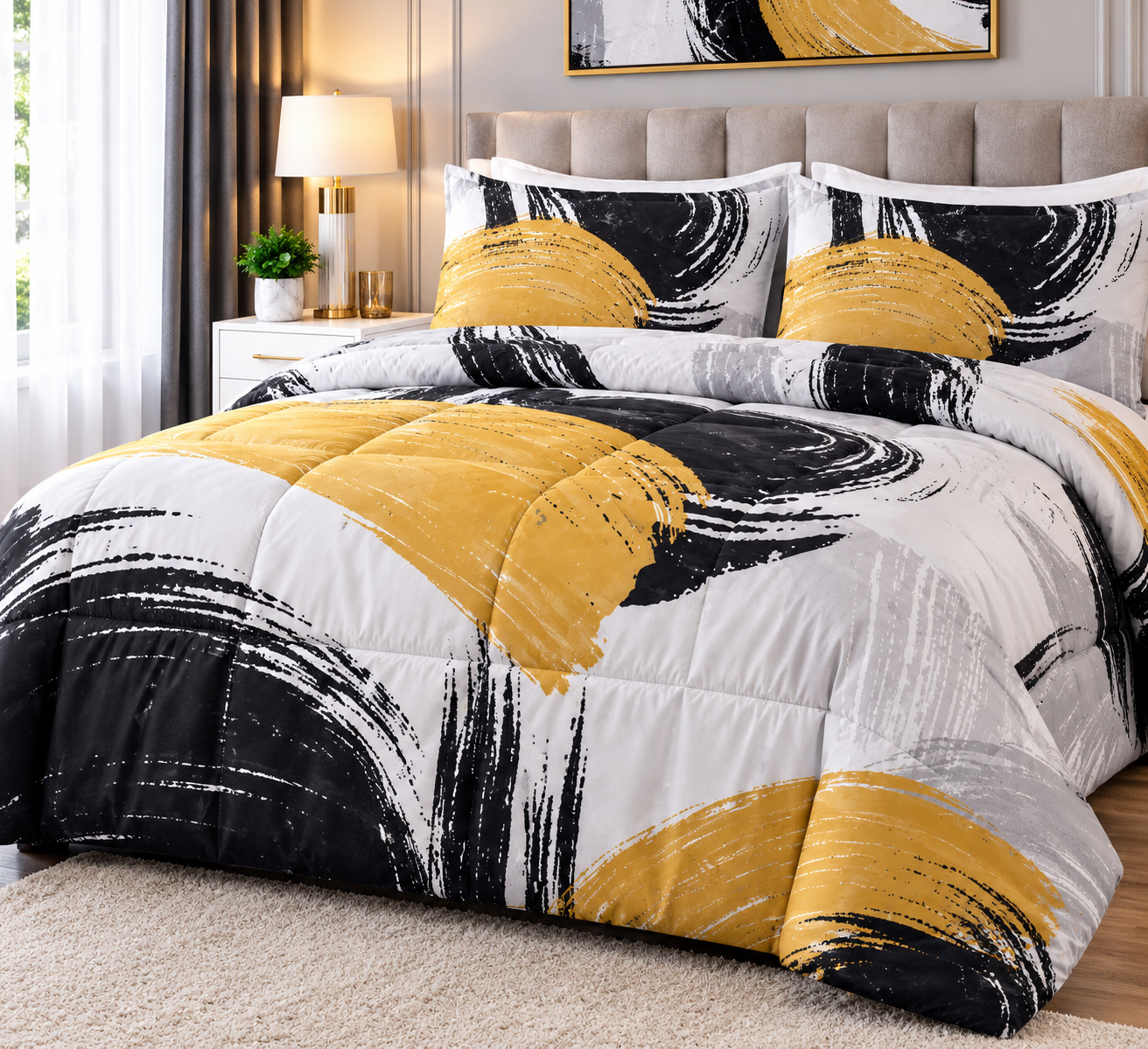 Pierre Cardin Soft & Lofty Comforter Set – Rai Brushstrokes- Black, White, Grey & Mustard