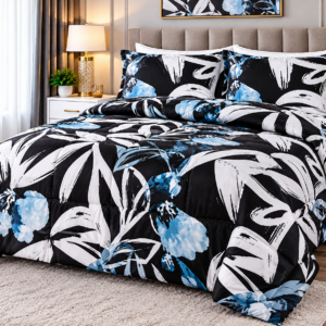 Pierre Cardin Soft & Lofty Comforter Set – Black, White & Blue Floral