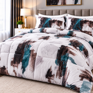 Pierre Cardin Soft & Lofty Comforter – Abstract Brushstroke Design | White, Teal & Brown