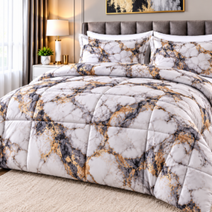 Pierre Cardin Soft & Lofty Comforter – White, Grey & Gold Marble Design