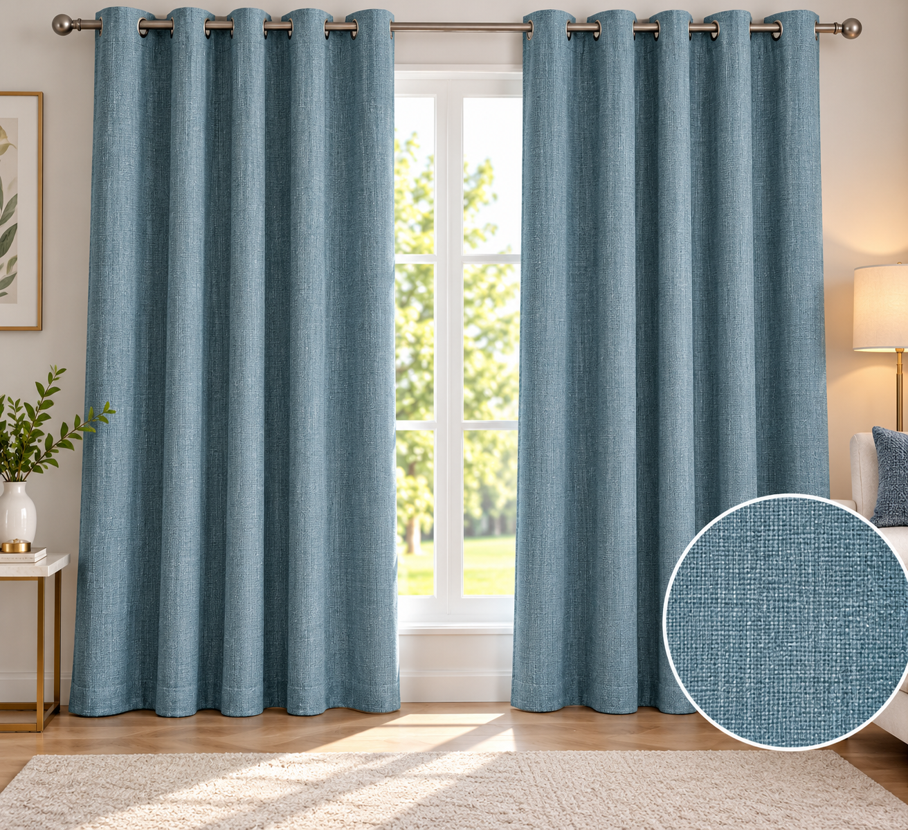 Pierre Cardin Micro Linen Curtain – Dusty Blue | Eyelet Lined (260 × 225 cm)