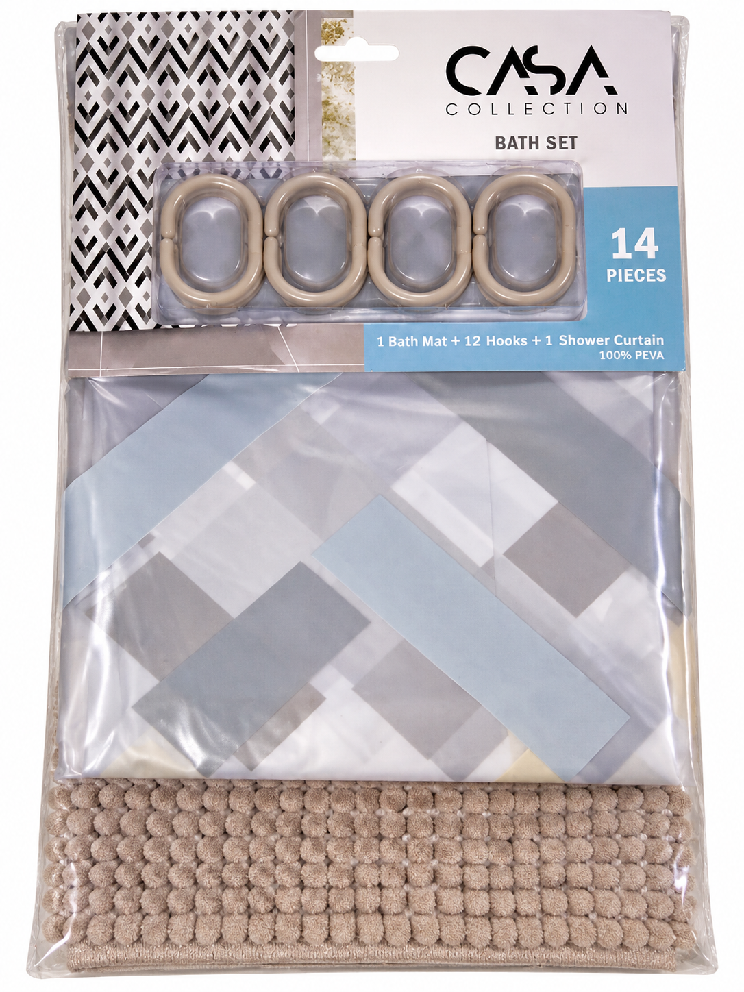 CASA Collection 14-Piece Bath Set – Beige, Grey & Light Blue Geometric Design - Image 2