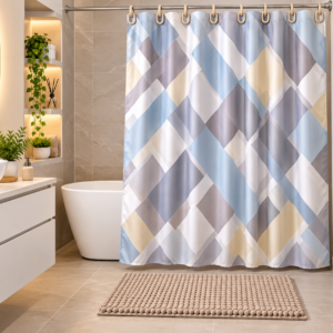 CASA Collection 14-Piece Bath Set – Beige, Grey & Light Blue Geometric Design