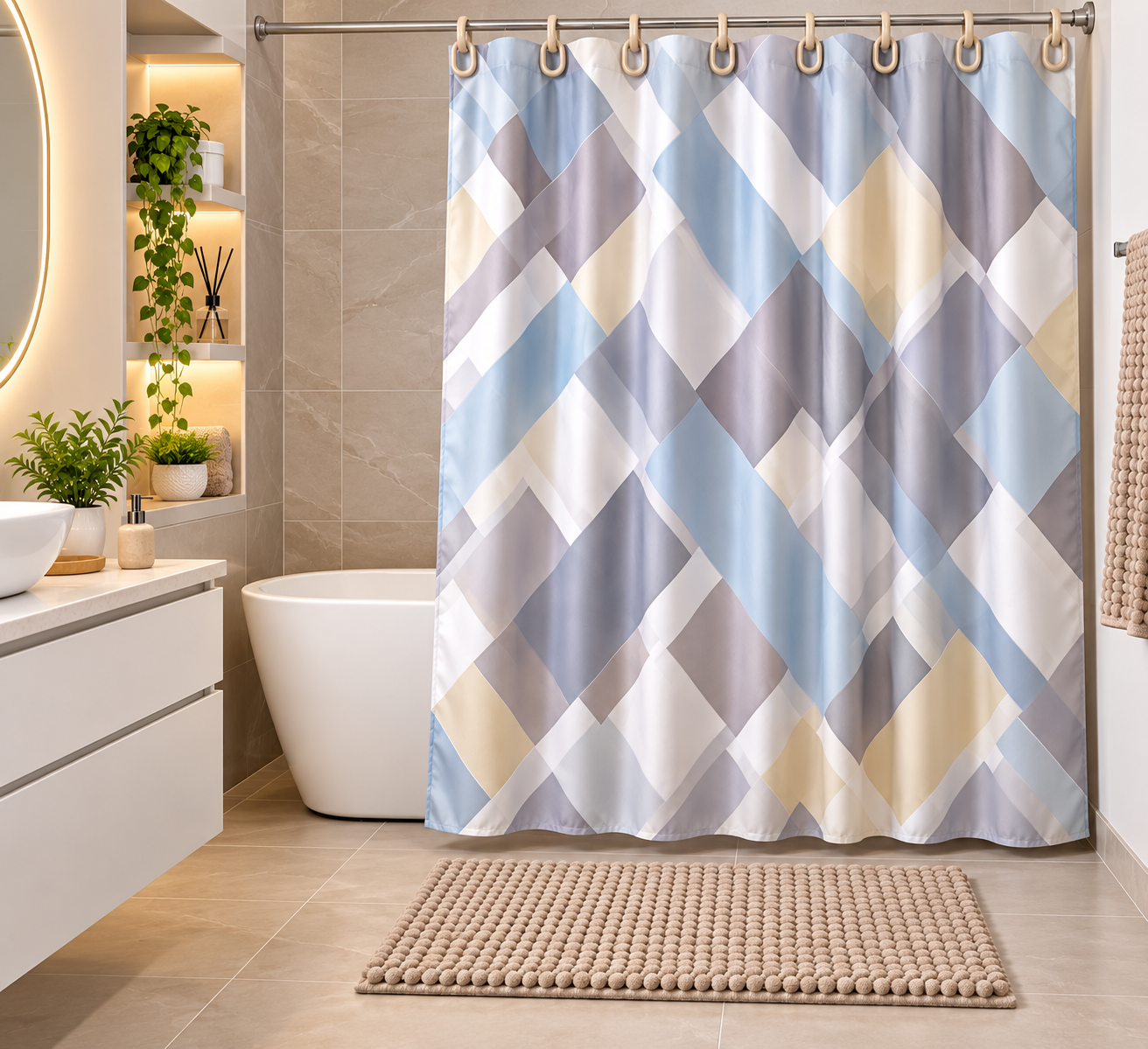 CASA Collection 14-Piece Bath Set – Beige, Grey & Light Blue Geometric Design