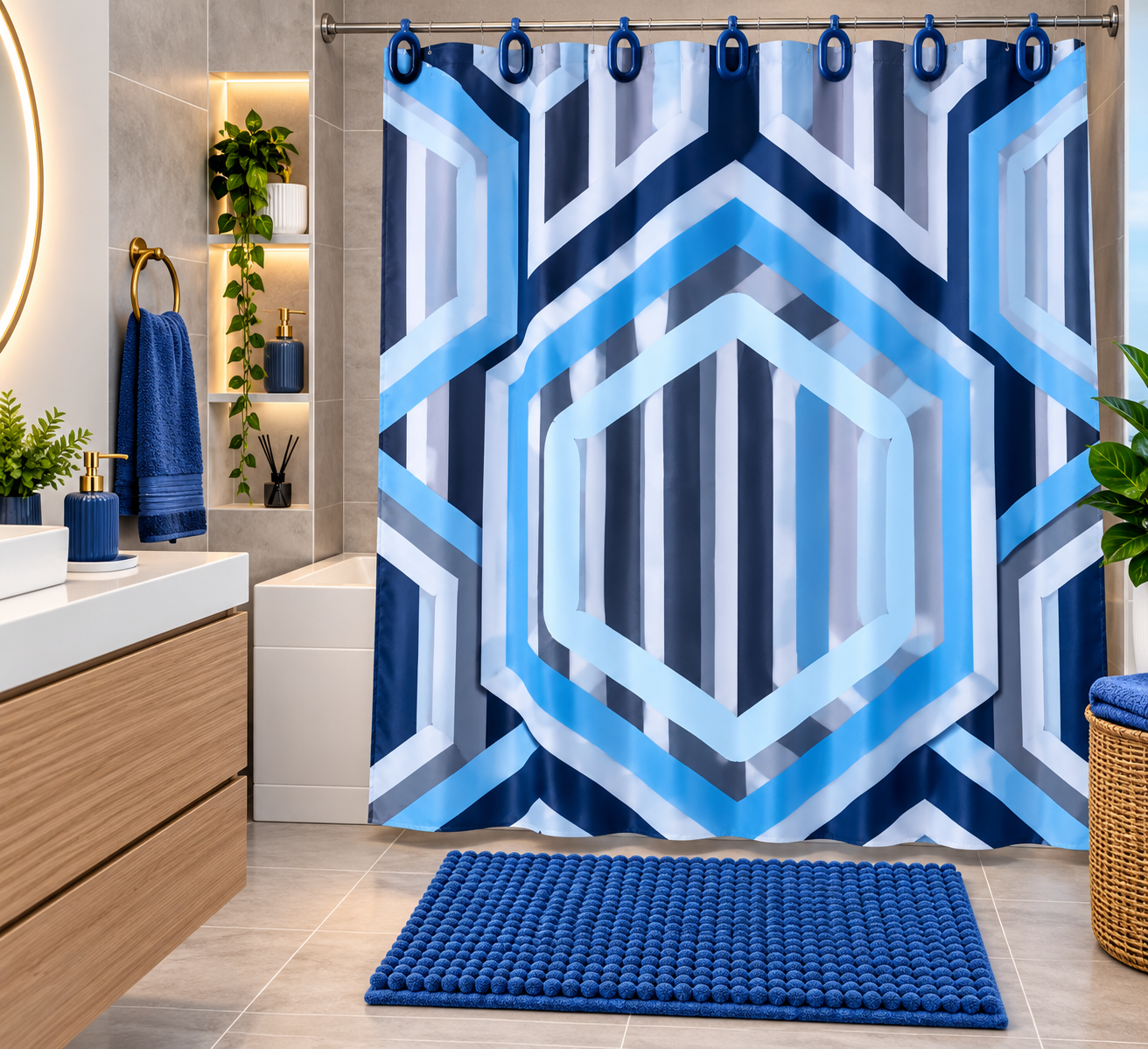 CASA Collection 14-Piece Bath Set – Blue Geometric Design