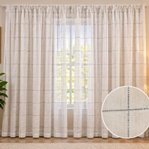 Elegant Taped Lace Curtain – Cream with Grey Check Design | 250 × 225 cm